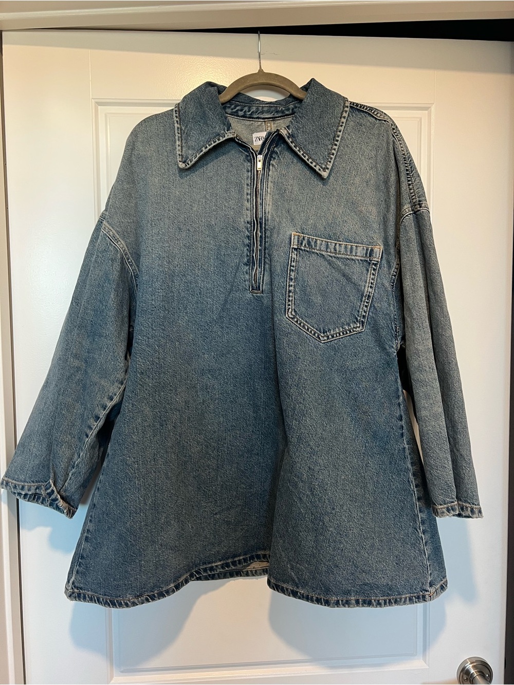Zara jean Light Blue Oversized Denim Half-Zip Pullover mini long sleeve dress